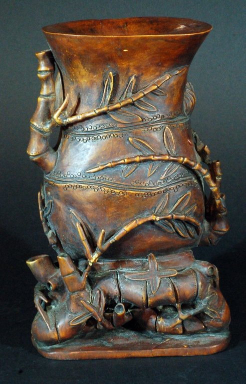 Carved Bamboo Pen Holder: 竹根雕笔筒 Carved Bamboo Pen Holder Size: H10 1/2" W6 1/2" Starting Bid: 50