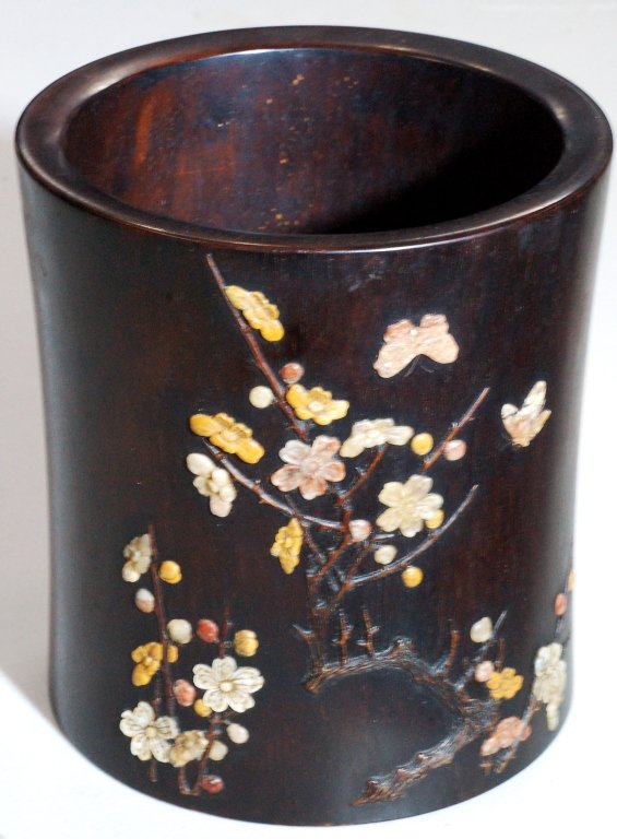 Chinese Zitan Wood Pen Holder: 紫檀镶宝笔筒 Chinese Zitan Wood Pen Holder with inlaid stones and mother-of-pearl. Size: D6 3/4" H7" Starting Bid: 400