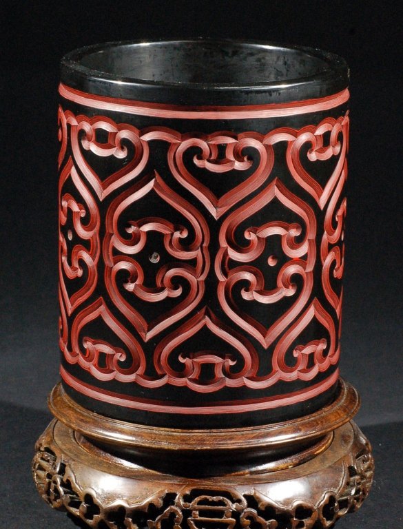 Highly Carved Cinnabar Pen Holder: 剔红笔筒 Size: D5" H6" Starting Bid: 100