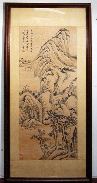 Chinese Old Frame Watercolor Painting - Landscape: 董其昌款山水 Dong QiChang (1555-1636) Size: Painting 51" X 19 1/2" Starting Bid: 500