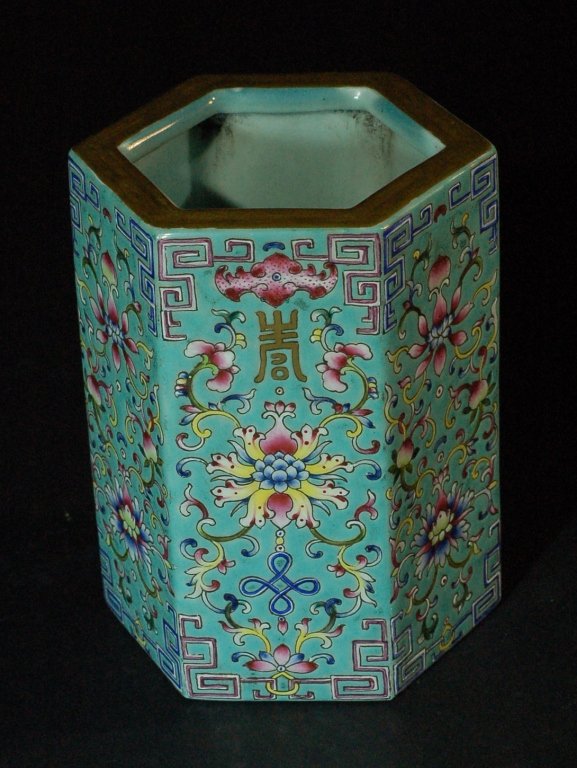 Hexagon Shaped Famille Verte Pen Holder: Size: 5 1/4"" Starting Bid: 50