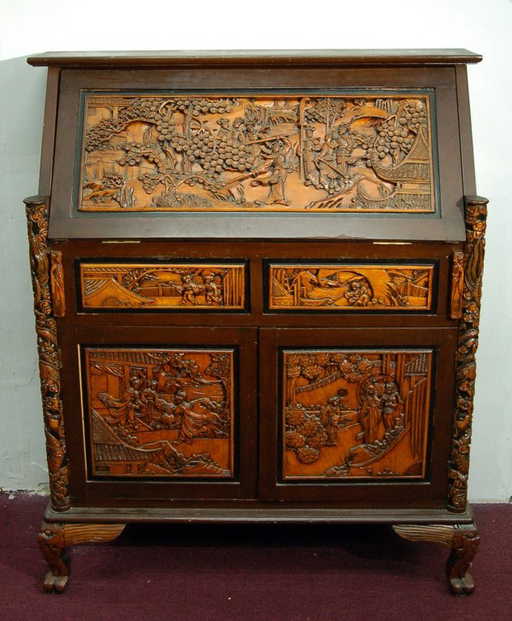 Chinese Highly Carved Wood Secretary Desk