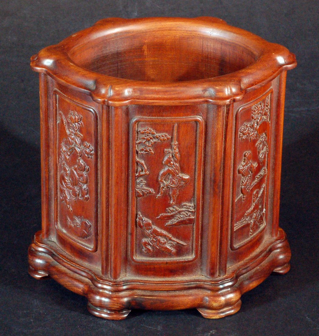 Hexagon Carved Wooden Pen Holder: Size:H:6 1/2" W:7" Starting Bid: 150