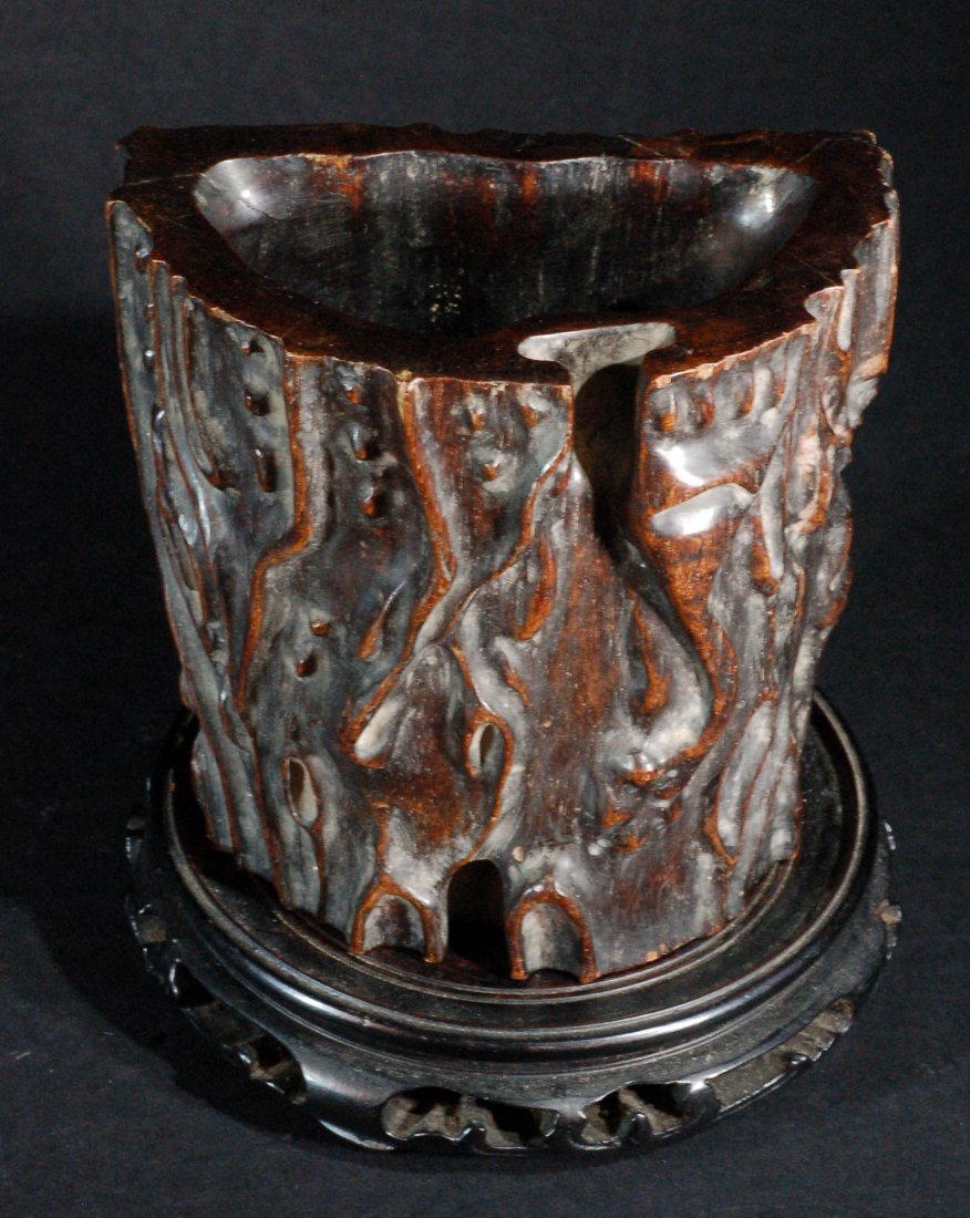 Carved Huali Wood Pen Holder: Size:H: 5 1/2" W: 5 1/2" Starting Bid: 300
