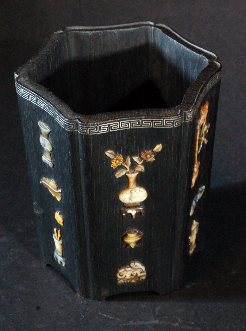 Old Chinese Zitan Wood Penholder: Old Hexagon pen holder with Shoushan Stone & mother-of-pearl inlaid. 19th Century. Size:H:5 1/2" D:5" Condition: Starting Bid: 200
