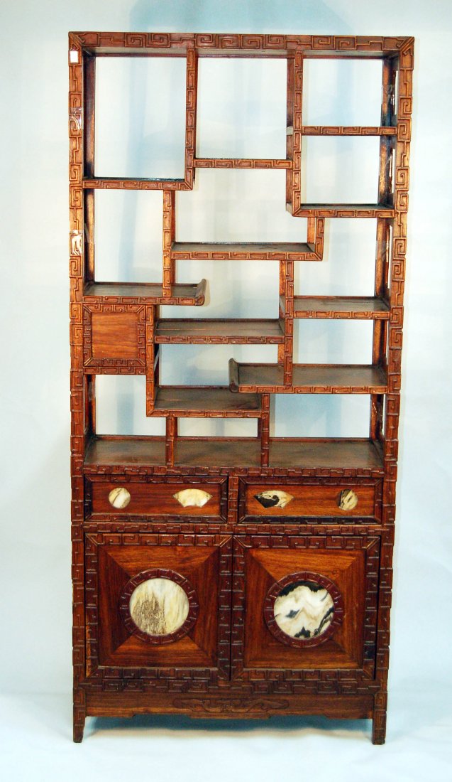 Old Chinese Huanghuali Display Stand: Old Huanghuali Wood display stand with stone/marble inlaid. Size:68"x31"x13 1/2" Starting Bid: 500