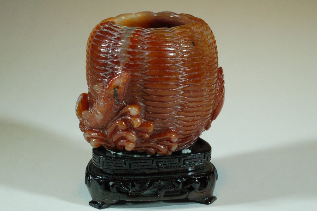 Carved Carnelian Waterpot: With Carved Fish and Crab. Size:H:4", W:4" Starting Bid: 150