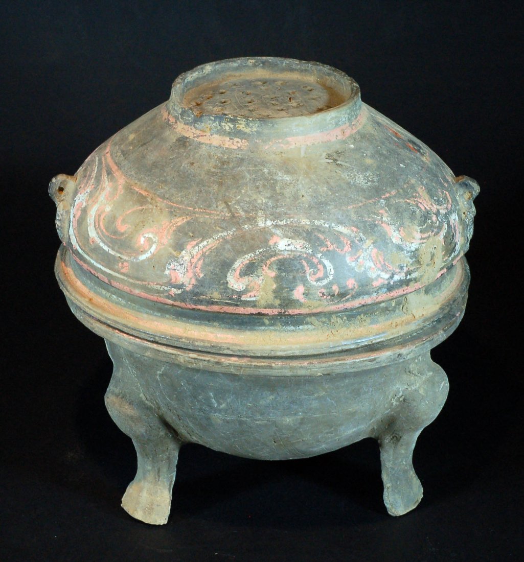Han Dynasty Tripod Food Container: Antique Chinese Pottery Ding (202B.C.~220A.D.) Size:H:9", W:9" Starting Bid: 600