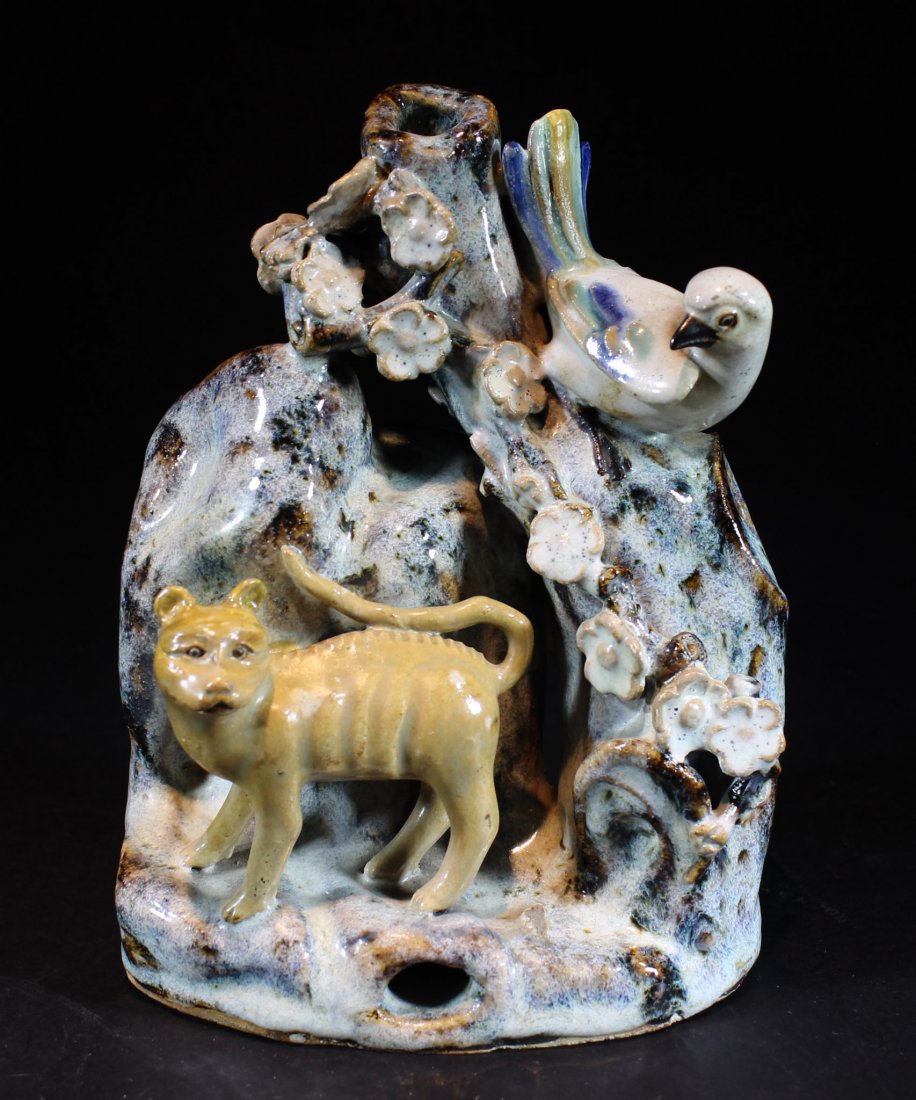 Chinese Shiwan Portery Art - Bird & Cat: Size:H:7 3/4", W:5 1/2" Starting Bid: 50