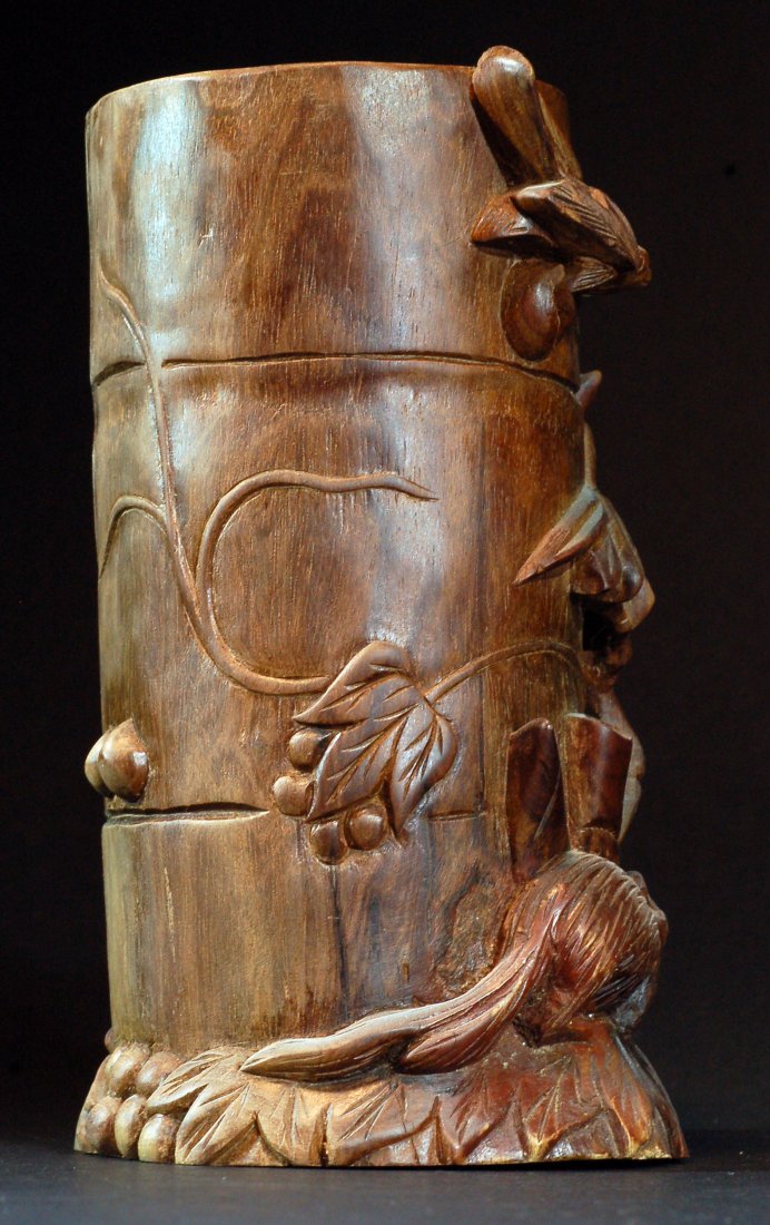 Carved Huali Wood Pen Holder: Size:H:7 1/2" W:4" Starting Bid: 20