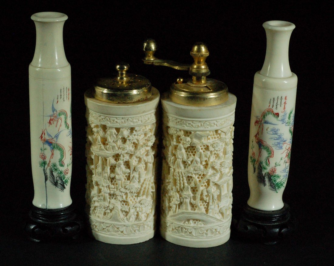 Lot of 4 Carved Bone Vases & Shakers: Two Bone Vases and Carved Bone Salt & Pepper Set, copied in style of Ivory works. Size:- Starting Bid: 150