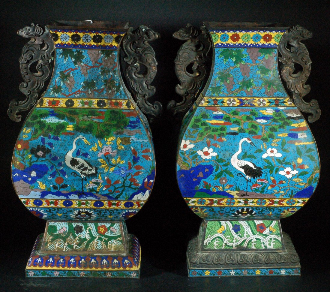 Pair of Old Cloisonne Square Vase 24: Pair of Old Cloisonne Square Vase 24" Size:H:20" Starting Bid: 800