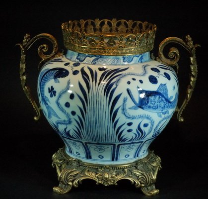 Large Chinese Blue & White Planter with Brass Acce: Size:H:16", D:17" Starting Bid: 400