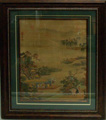 Old Chinese Framed Painting - River Scene: Signed Chou Yin, with many seals. Size:40*34" Starting Bid: 250
