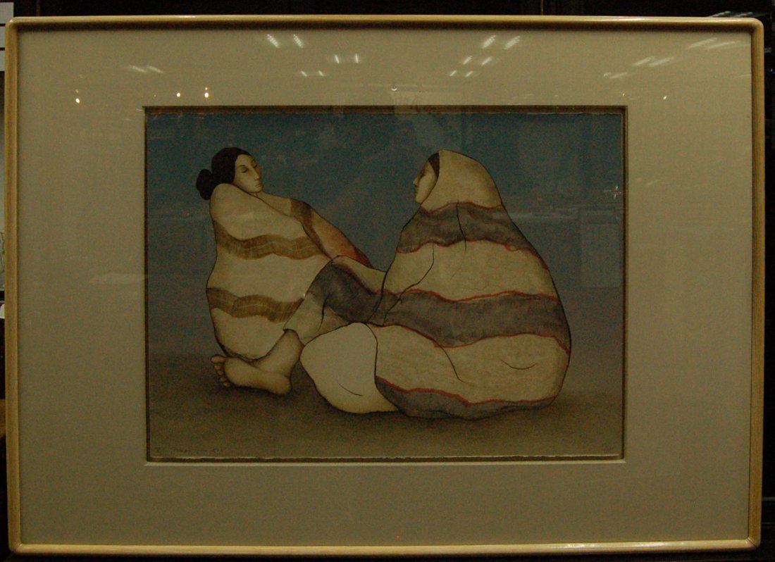 R.C. GORMAN - Painting #'d 13/150: Depicts two native American women wrapped in blankets. Professionally matted and framed. Size : 48" x 35" with frame.