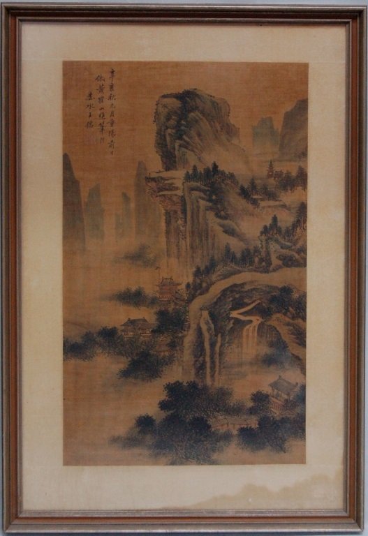 Old Chinese Landscape Painting: Artist Seal and Caligraphy on Painting Size: 37" x 23"