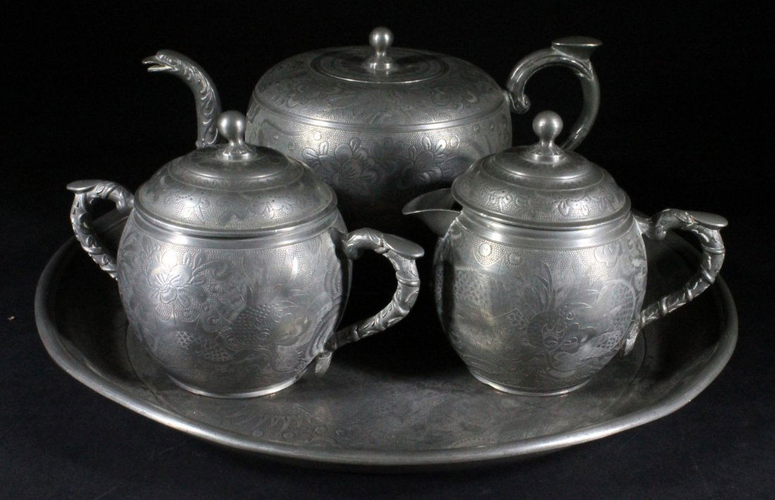 Antique Chinese Pewter Tea Set of 4