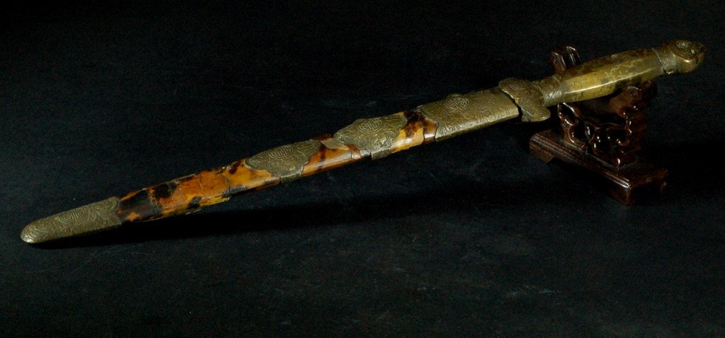 Chinese Bronze and Tortoiseshell Mounted Sword: Ming Dynasty, Chinese sword with bronze and tortoiseshell mounts. Size: 16 1/2"L