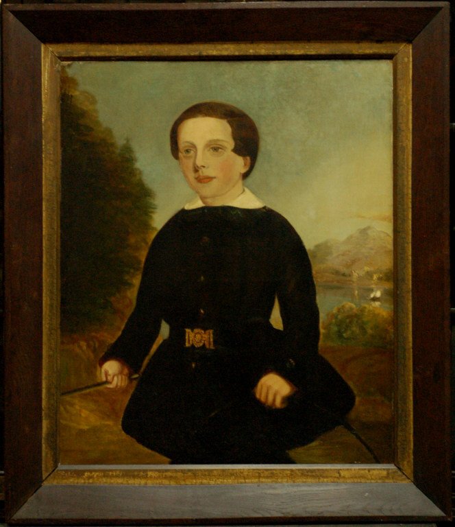 18th Century Oil Painting: American School, 19th Century, naive art oil on canvas painting depicting a young boy. Size : 29" L x 24" W