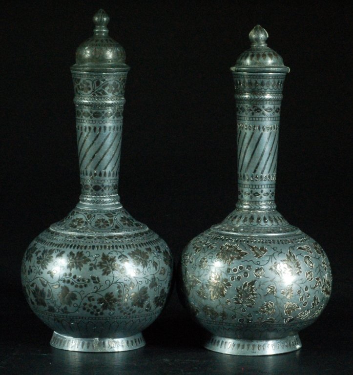 Pair of Indo-Persian Covered Bottles: Niello grapes and leaves decoration, each with cover. Size: 8" H each
