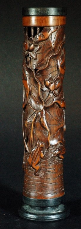 Highly Carved Bamboo Incense Burner: Cylindrical form, pierce carved with lotus and leaves decoration throughout. Size: 11" H
