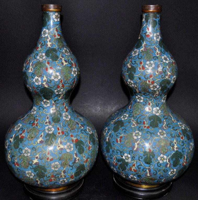 Pair 17th C. Chinese Cloisonne Double Gourd Vases (1 of 2)