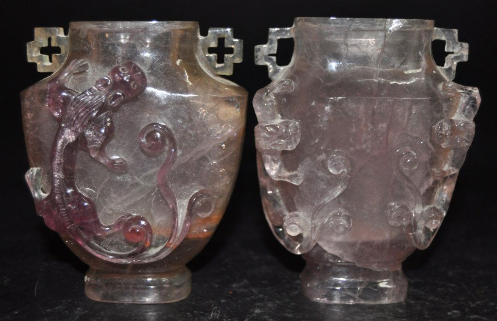 Pair of Chinese Carved Pink Quartz Crystal Vases (1 of 3)