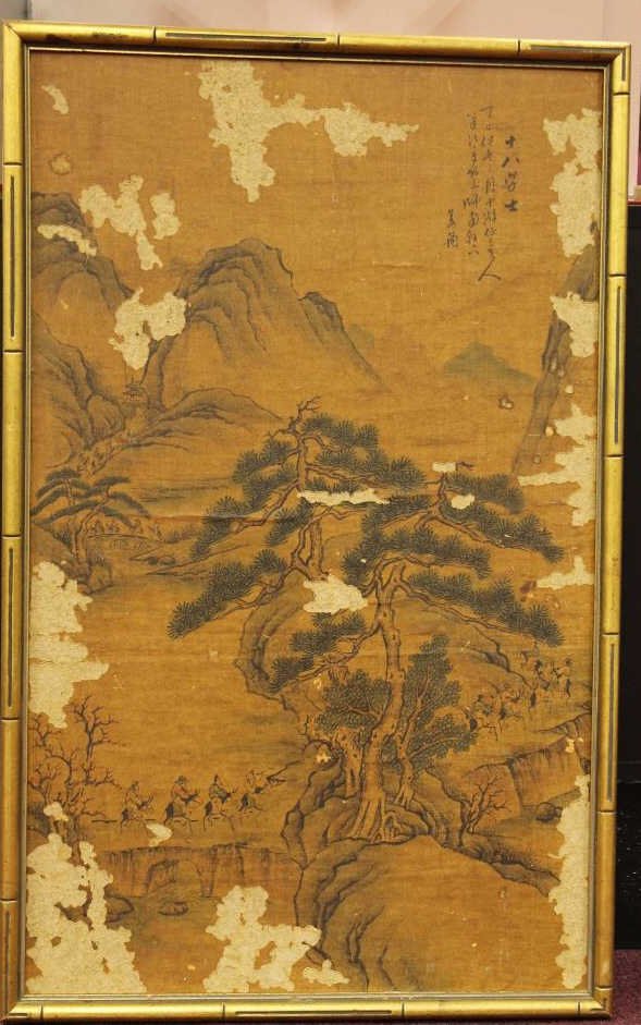 Antique Chinese Painting: Condition Report : Serious Damage to this old piece. Size: 20" x 31"