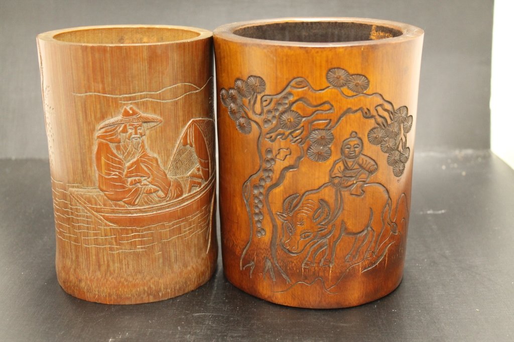 Lot of 2 Carved Bamboo Pen Holders (1 of 3)