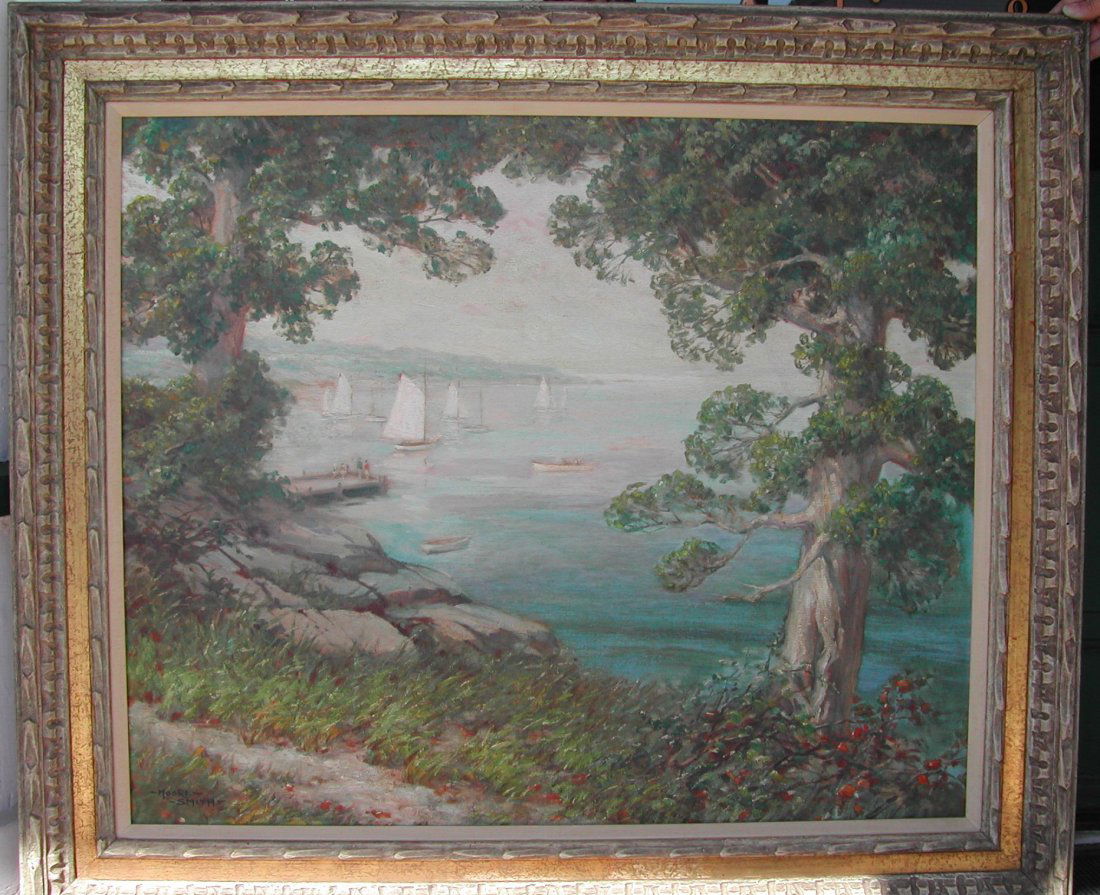 Charles Moore Smith (1869-1947, AKA 'Moore Smith').: Charles Moore Smith (1869-1947, AKA 'Moore Smith'). "A Calm Day on the Sound," c. 1915-20, oil on canvas, 30 x 36 inches, in a later carved frame, signed, period label with title on upper stretcher ve