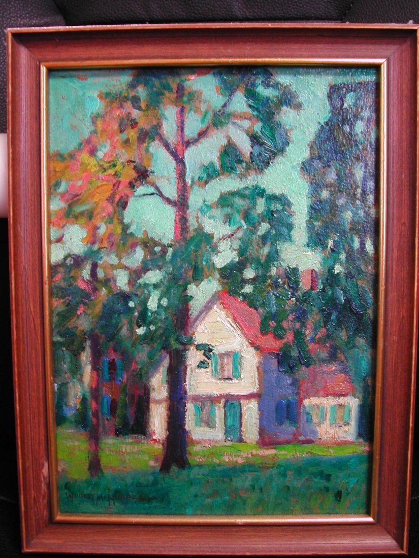 Whitney M. Hubbard (1875-1965). "Greenport House,: Whitney M. Hubbard (1875-1965). "Greenport House," c. 1920s-30s, oil on board, 8 x 11 inches, signed. The best known artist from Greenport, Long Island. NOTE: This painting exhibited at the Hubbard re