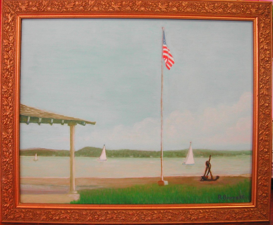 Robert Barratt (20th-21st c.). "Sails Off Founder: Robert Barratt (20th-21st c.). "Sails Off Founder's Landing, Southold, Long Island," oil on canvas, 16 x 20 inches, signed.