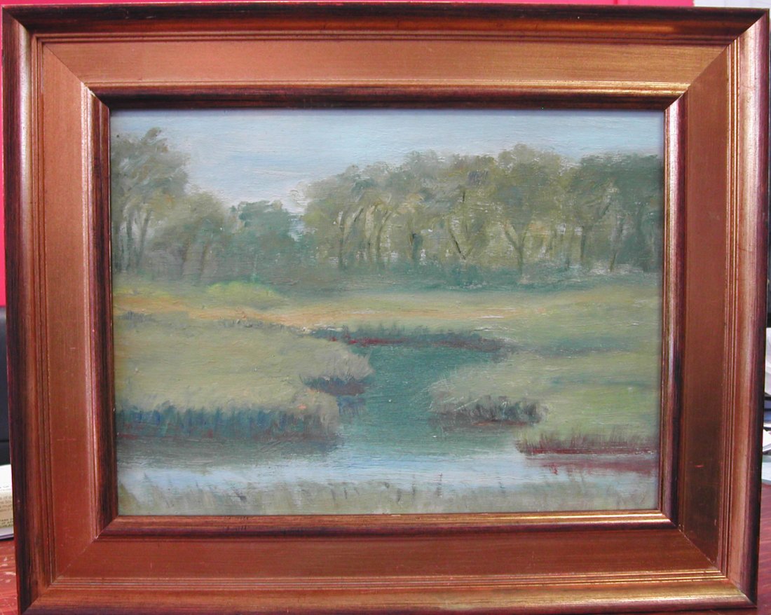 Clara Wells Howell (1888-1976). "Flanders Creek, : Clara Wells Howell (1888-1976). "Flanders Creek, Riverhead, Long Island," 1945, oil on board, 12 x 16 inches, signed, dated, and titled on the verso. Howell was an artist from Riverhead, Long Island.