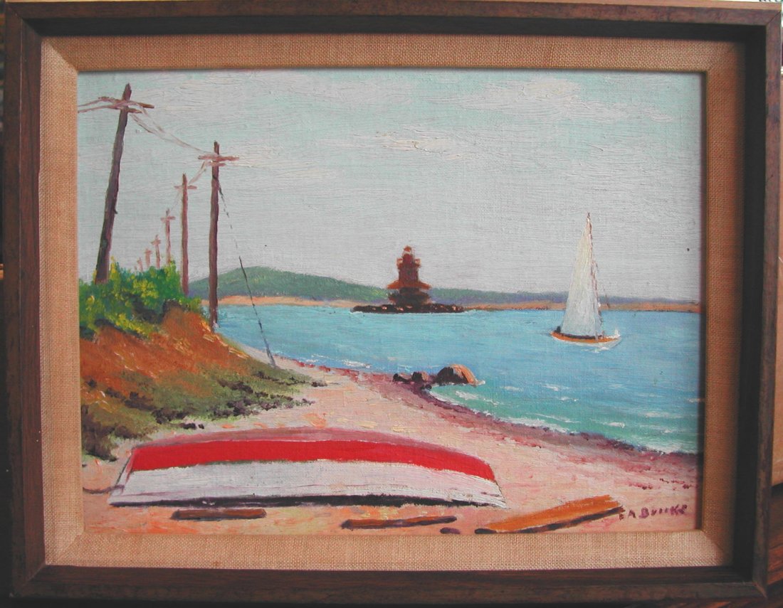 Elliot Alvah Brooks (1888-1949). "Orient, Long Island,: Elliot Alvah Brooks (1888-1949). "Orient, Long Island, Lighthouse," c. 1940, oil on board, measures 9 x 12 inches, signed lower right, inscribed verso. CONDITION: Good. One of two well known artist br