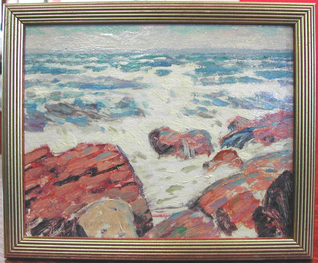 Whitney M. Hubbard (1875-1965). "Breakers," c. 1925, o: Whitney M. Hubbard (1875-1965). "Breakers," c. 1925, oil on board, measures 8 x 10 inches, signed lower center, inscribed and titled verso. CONDITION: Good, small chip lower left hand corner. Hubbard 
