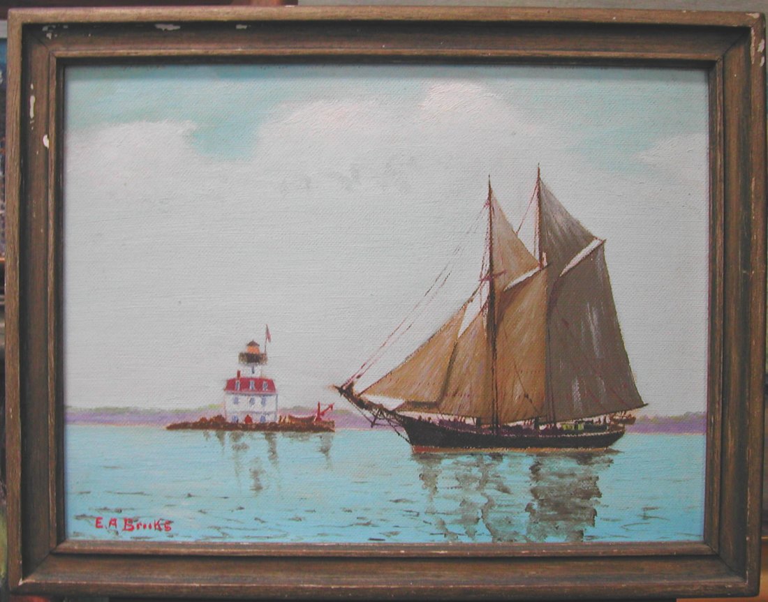 Elliot Alvah Brooks (1888-1949). "Schooner Hawkbridge : Elliot Alvah Brooks (1888-1949). "Schooner Hawkbridge Passing Bug Light," 1946, oil on board, measures 9 x 12 inches, signed lower left, inscribed and signed verso. CONDITION: Good. One of two artists