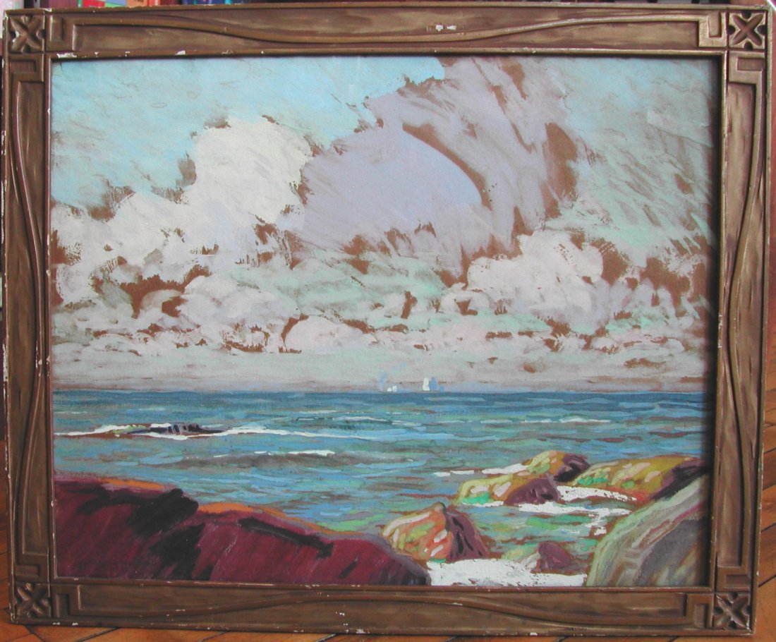 Whitney M. Hubbard (1875-1965). "Sound Shore," c. 1915: Whitney M. Hubbard (1875-1965). "Sound Shore," c. 1915-20, gouache on paperboard, measures 16 x 20 inches, signed lower left, inscribed verso. CONDITION: Good, some pinpoint spots in the sky and foreg