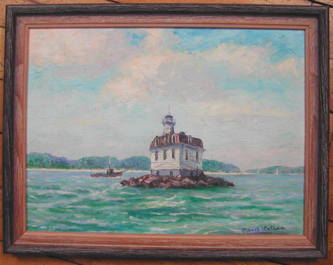 Albert E. Latham (1909-1976), "Bug Lighthouse, Orient,: Albert E. Latham (1909-1976), "Bug Lighthouse, Orient, Long Island," oil on board, measures 9 x 12 inches, signed lower right. CONDITION: Good.