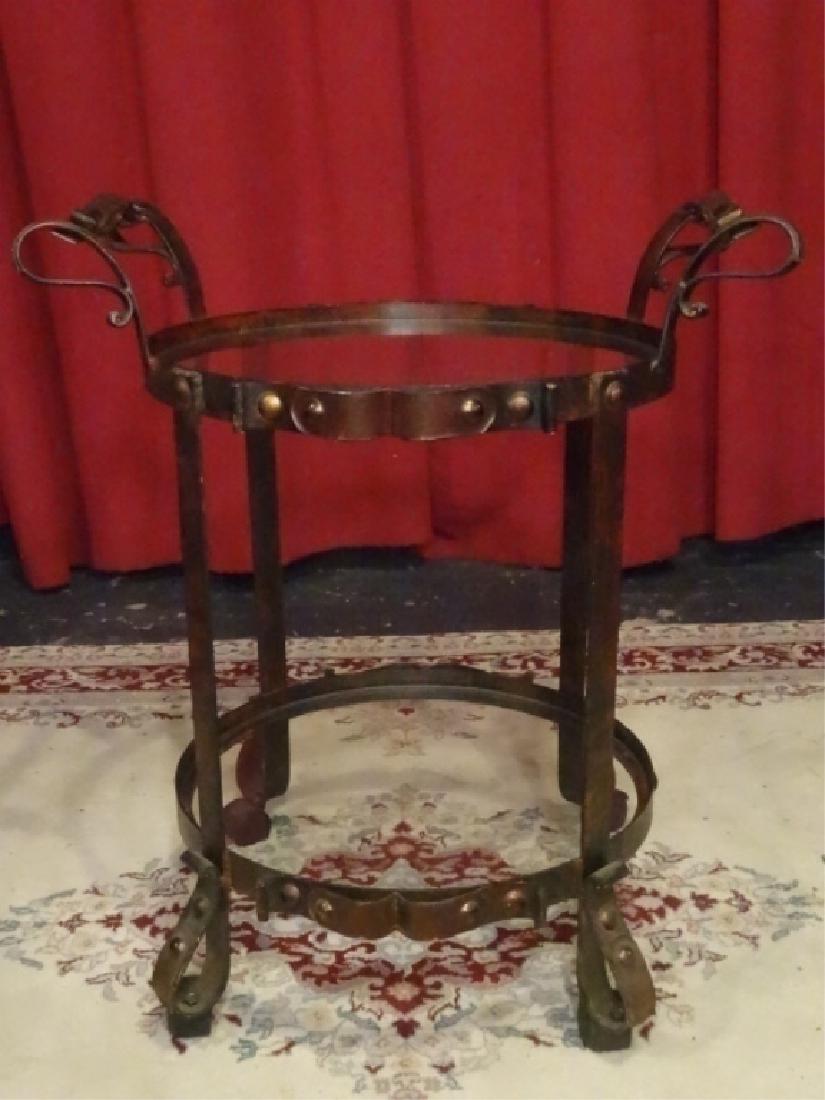 METAL AND LEATHER BAR CART, 2 TIERS ON CASTERS, METAL: METAL AND LEATHER BAR CART, 2 TIERS ON CASTERS, METAL FRAME WITH LEATHER STRAP ACCENTS, GLASS INSET TOPS, NEW NEVER USED, #1 OF TWO IDENTICAL AVAILABLE, 27"H X 22"W, SKU155