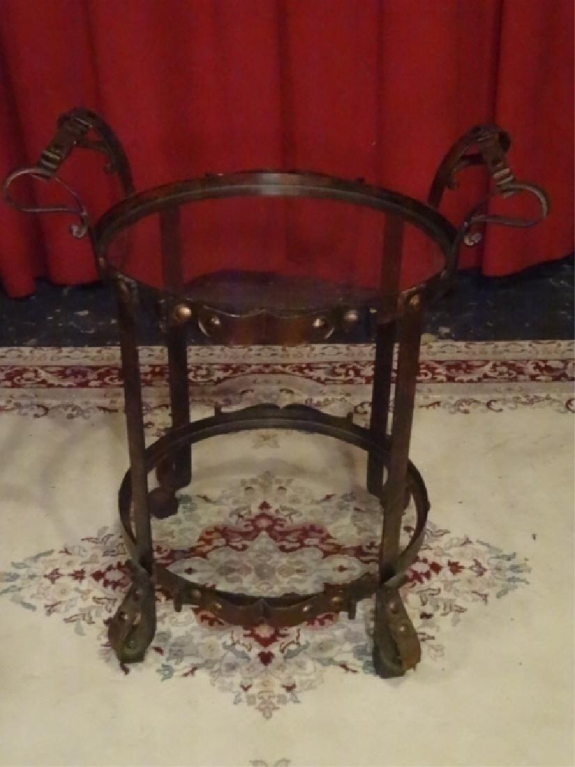 METAL AND LEATHER BAR CART, 2 TIERS ON CASTERS, METAL: METAL AND LEATHER BAR CART, 2 TIERS ON CASTERS, METAL FRAME WITH LEATHER STRAP ACCENTS, GLASS INSET TOPS, NEW NEVER USED, #2 OF TWO IDENTICAL AVAILABLE, 27"H X 22"W, SKU155