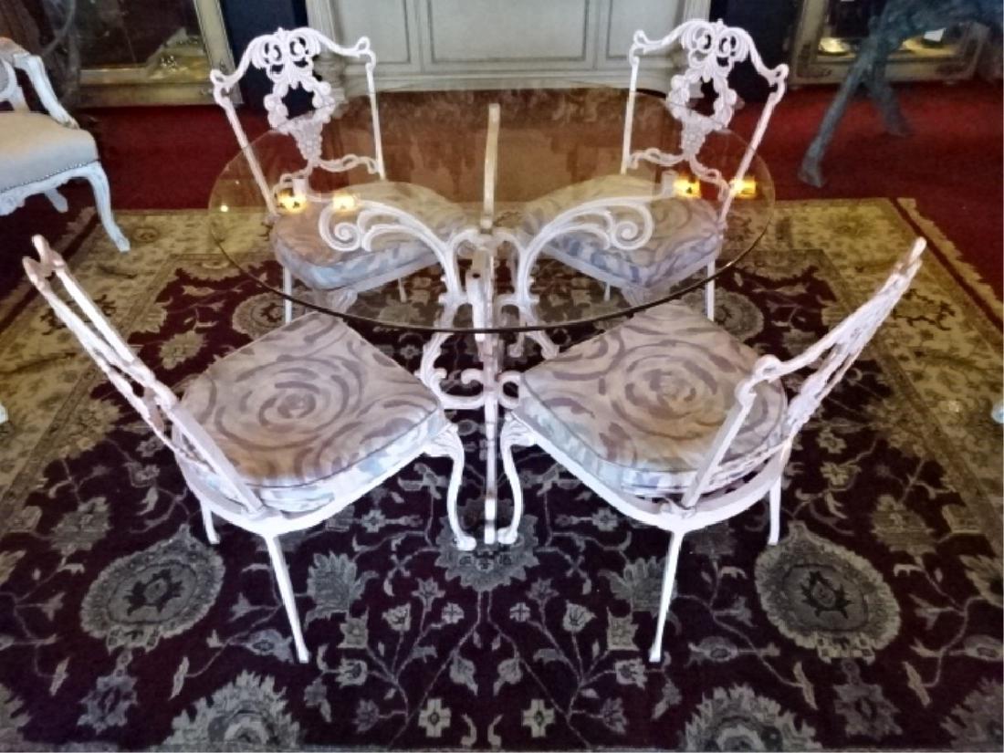5 PC ORNATE ALUMINUM TABLE AND 4 CHAIRS, ROUND GLASS (1 of 5)