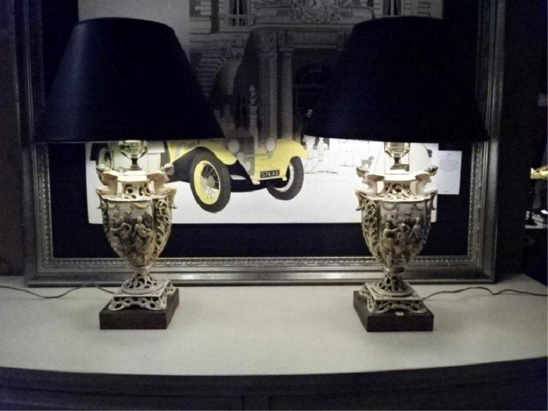 Pair Vintage Italian Capodimonte Lamps Black Shades
