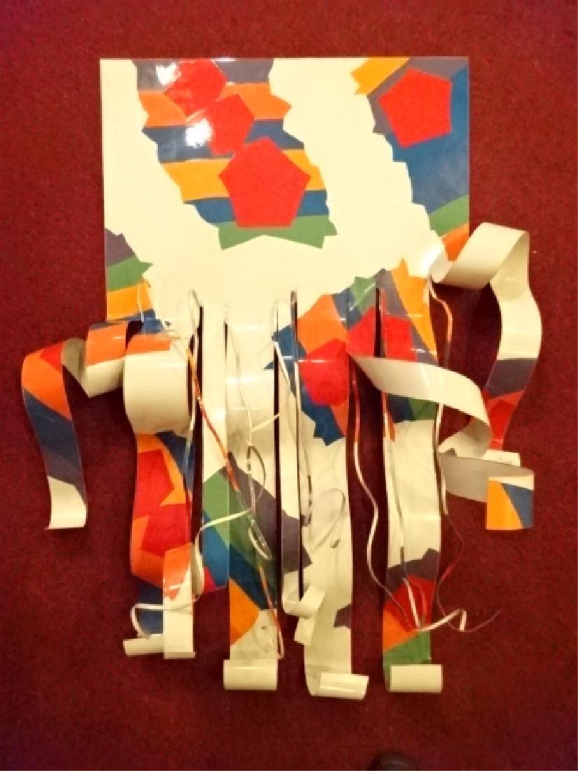 DOROTHY GILLESPIE METAL RIBBON SCULPTURE, ENAMEL ON: DOROTHY GILLESPIE METAL RIBBON SCULPTURE, ENAMEL ON ALUMINUM, SIGNED DOROTHY GILLESPIE ON RIBBON EDGE, TITLED "FESTIVAL CONCERTO #2" ON VERSO, VERY GOOD CONDITION, 41" X 32" X 15", SKU250.06
