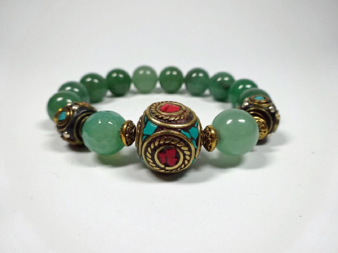 JADE BEAD STRETCH BRACELET, TURQUOISE & CORAL ACCENTED (1 of 4)
