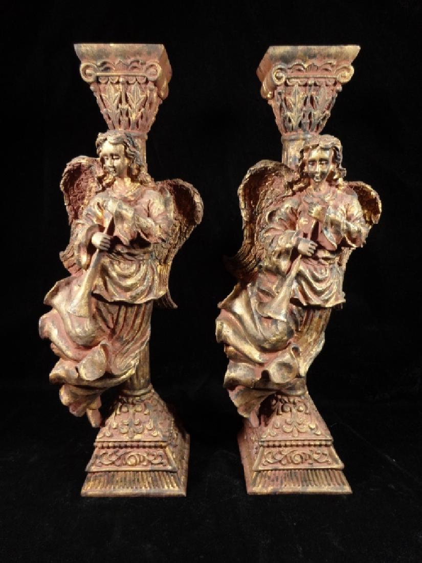 PAIR HERALDIC ANGEL CANDLESTICKS, COMPOSITION, APPROX (1 of 5)