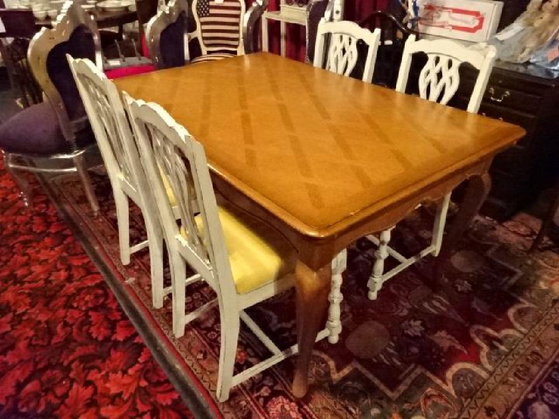 5 PC DINING SET, FRENCH STYLE DINING TABLE WITH 4 WHITE: 5 PC DINING SET, FRENCH STYLE DINING TABLE WITH 4 WHITE PAINTED CHAIRS, VERY GOOD CONDITION, CHAIRS ARE NEW WITH LIGHTLY DISTRESSED FINISH, TABLE HAS MINOR WEAR, TABLE WITHOUT LEAVES EXTENDED MEASURES
