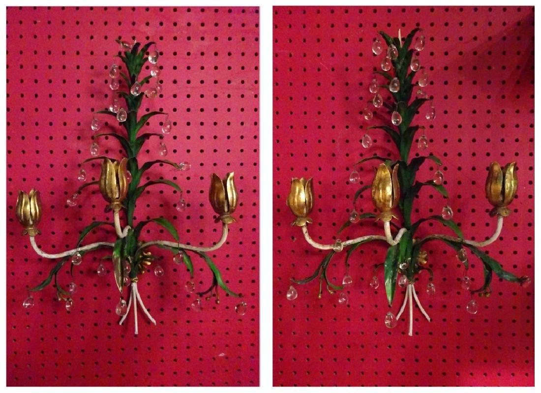 PAIR METAL WALL SCONCES WITH CRYSTAL DROPS, 3 LIGHTS (1 of 8)