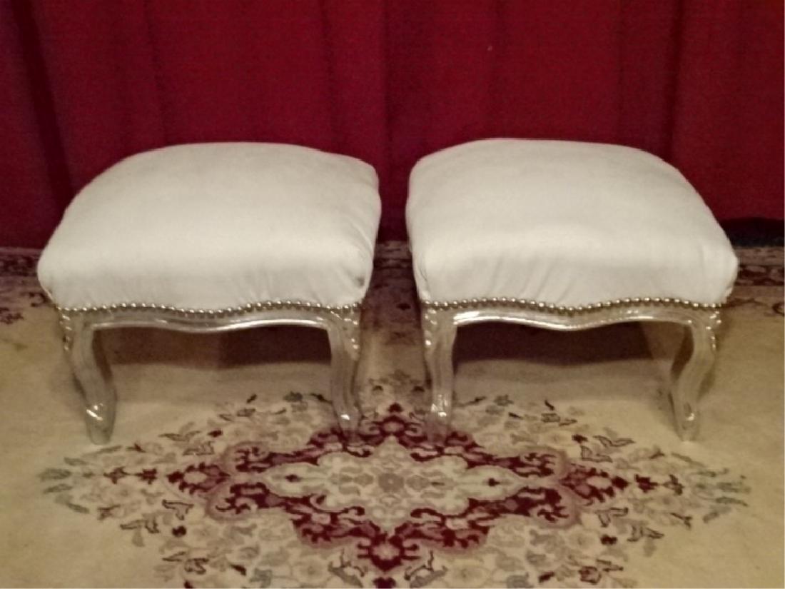 PAIR LOUIS XV STYLE SILVER GILT FOOTSTOOLS, WHITE FAUX (1 of 5)