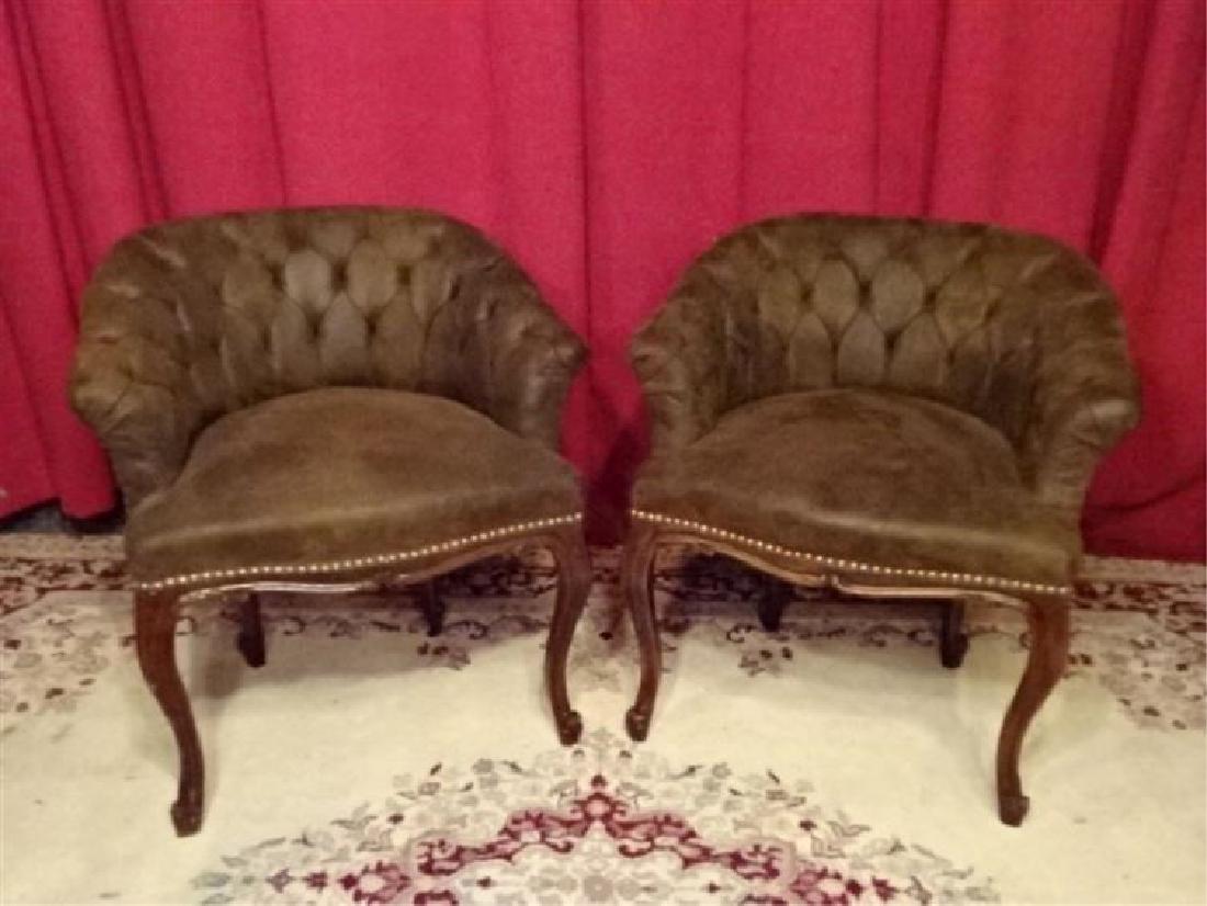 PAIR LOUIS XV STYLE ARM CHAIRS, TUFTED SUEDED BROWN: PAIR LOUIS XV STYLE ARM CHAIRS, TUFTED SUEDED BROWN UPHOLSTERY, NAILHEAD TRIM, VERY GOOD CONDITION, 27"H X 21"D X 25"W, SKU155