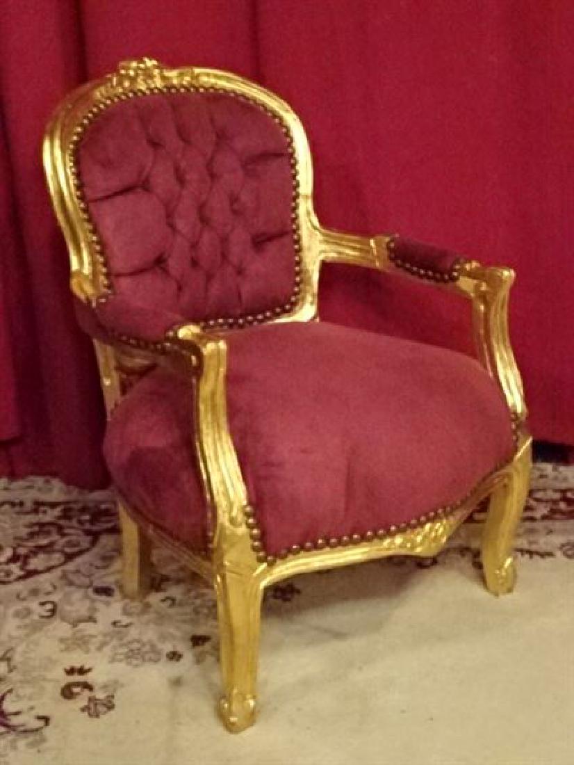 CHILD SIZE GOLD GILT WOOD ROCOCO CHAIR, TUFTED BURGUNDY: CHILD SIZE GOLD GILT WOOD ROCOCO CHAIR, TUFTED BURGUNDY UPHOLSTERY, VERY GOOD CONDITION, 28" X 29" X 18", SKU155